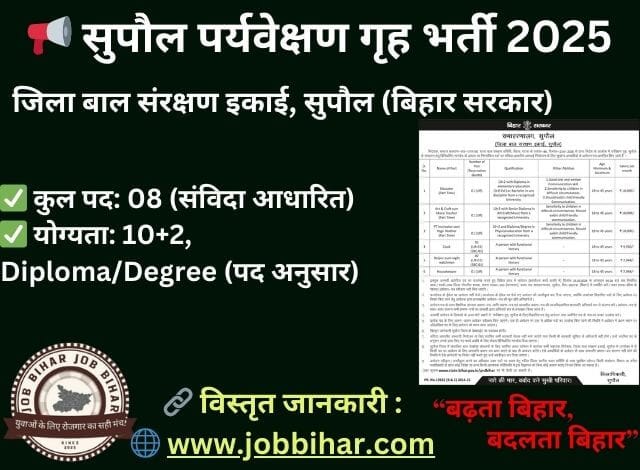 Supaul Paryaveshan Grih Bharti 2025 – बिहार सरकार की संविदा आधारित भर्ती, 08 पदों पर आवेदन आमंत्रित। अंतिम तिथि: 25 फरवरी 2025। पूरी जानकारी के लिए विजिट करें – www.jobbihar.com