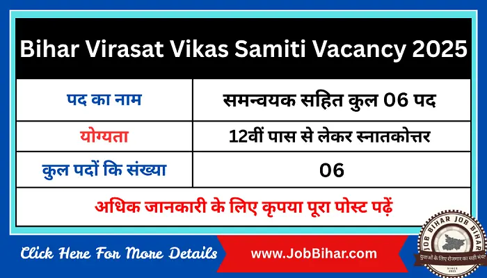 Bihar Virasat Vikas Samiti Bharti 2025 : अगर आप पुरातत्व, इतिहास, ड्राफ्टिंग या सर्वे से जुड़े क्षेत्र में करियर बनाना चाहते हैं, तो बिहार विरासत विकास समिति की हालिया भर्ती आपके लिए शानदार मौका है।