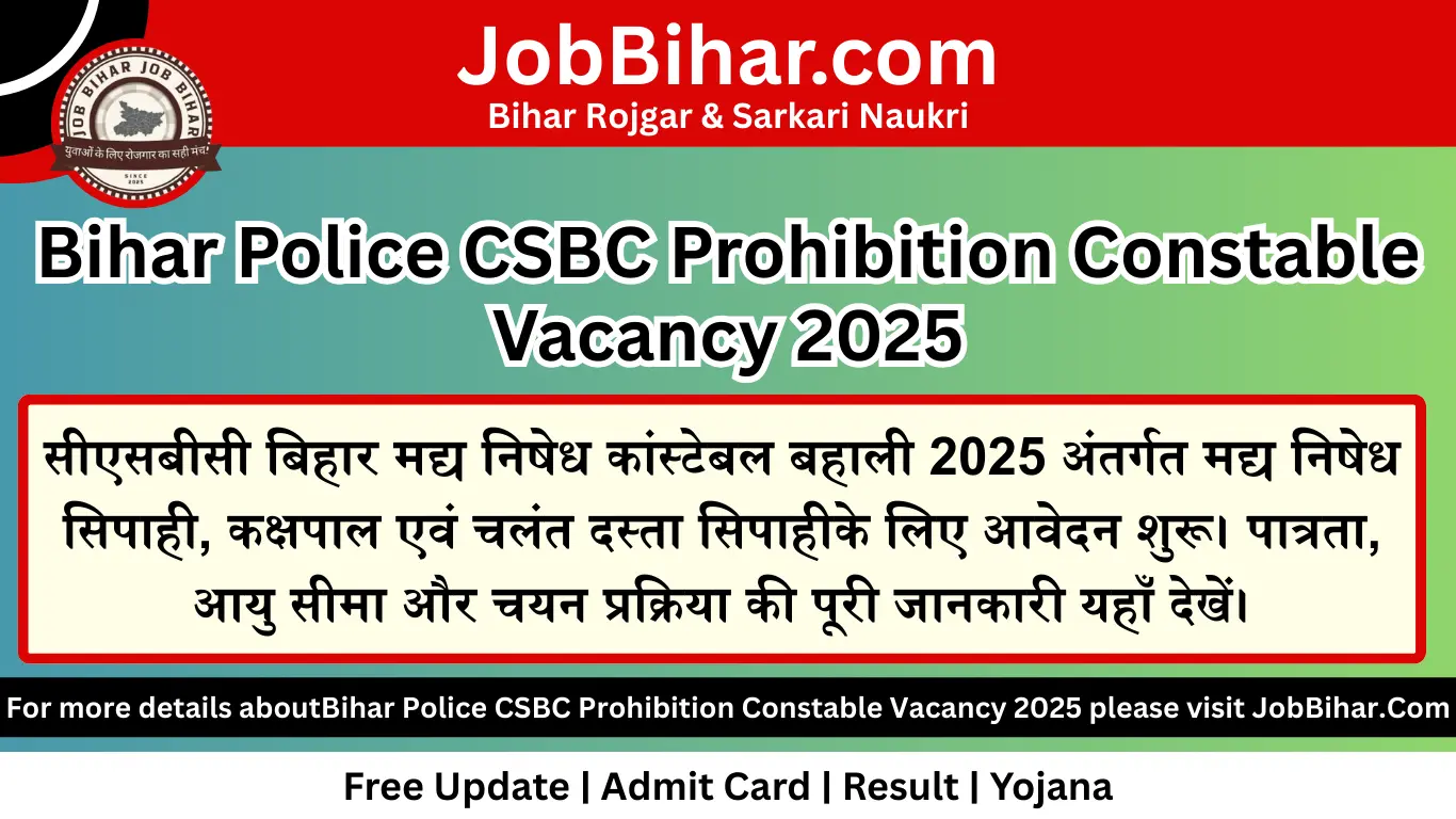 Bihar Police CSBC Prohibition Constable Vacancy 2025 : short info image in job bihar post