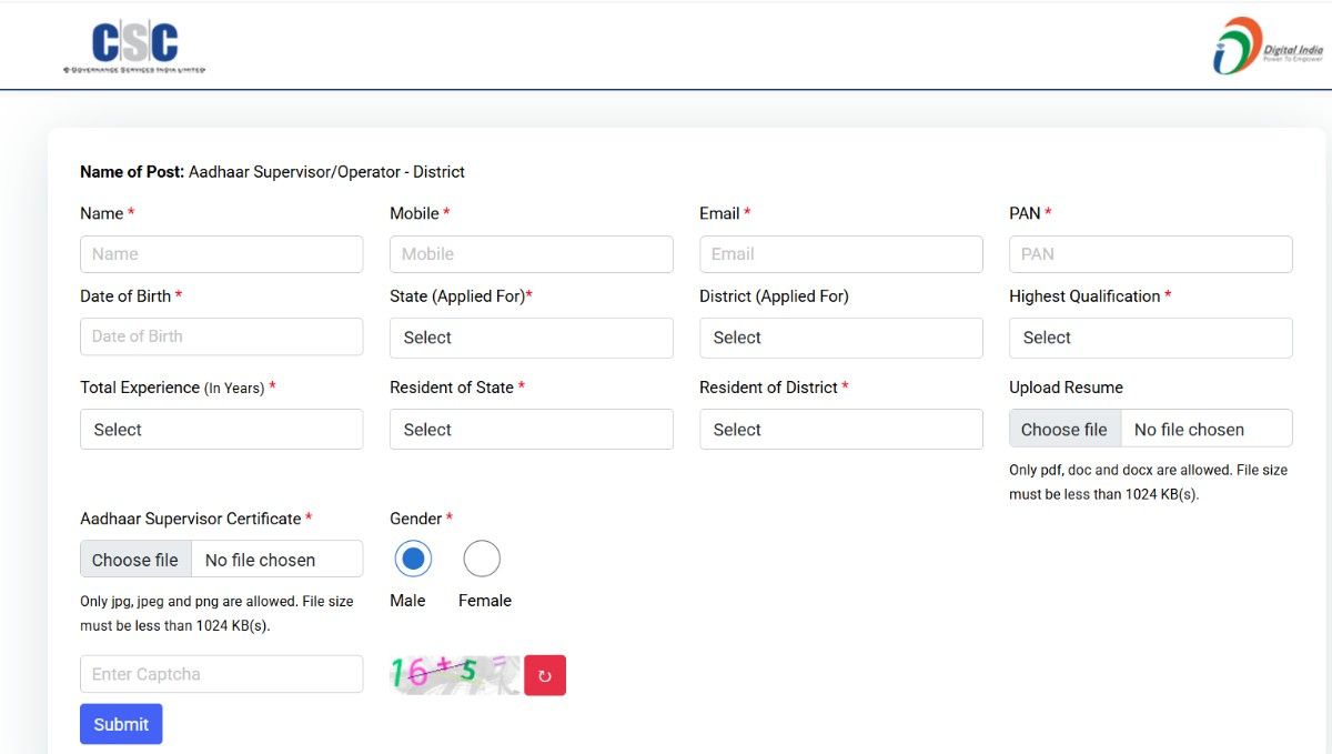 Aadhar Operator Supervisor Vacancy 2025 Apply Page detai Aadhar Operator Supervisor Vacancy 2025 Apply Page Details