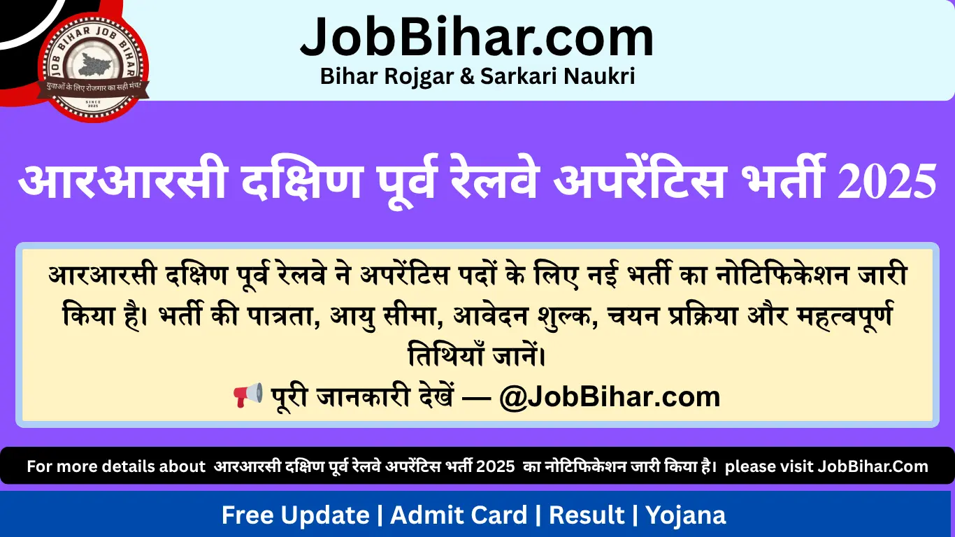 आरआरसी दक्षिण पूर्व रेलवे अपरेंटिस भर्ती 2025 : 1,785 अपरेंटिस पदों के लिए ऑनलाइन आवेदन की जानकारी