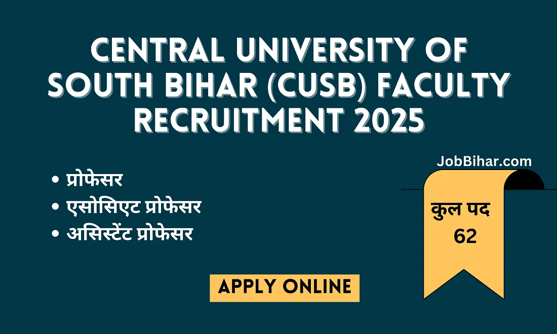 Central University of South Bihar CUSB Faculty Recruitment 2025 banner showing Professor, Associate Professor, Assistant Professor vacancies with total 62 posts and Apply Online option