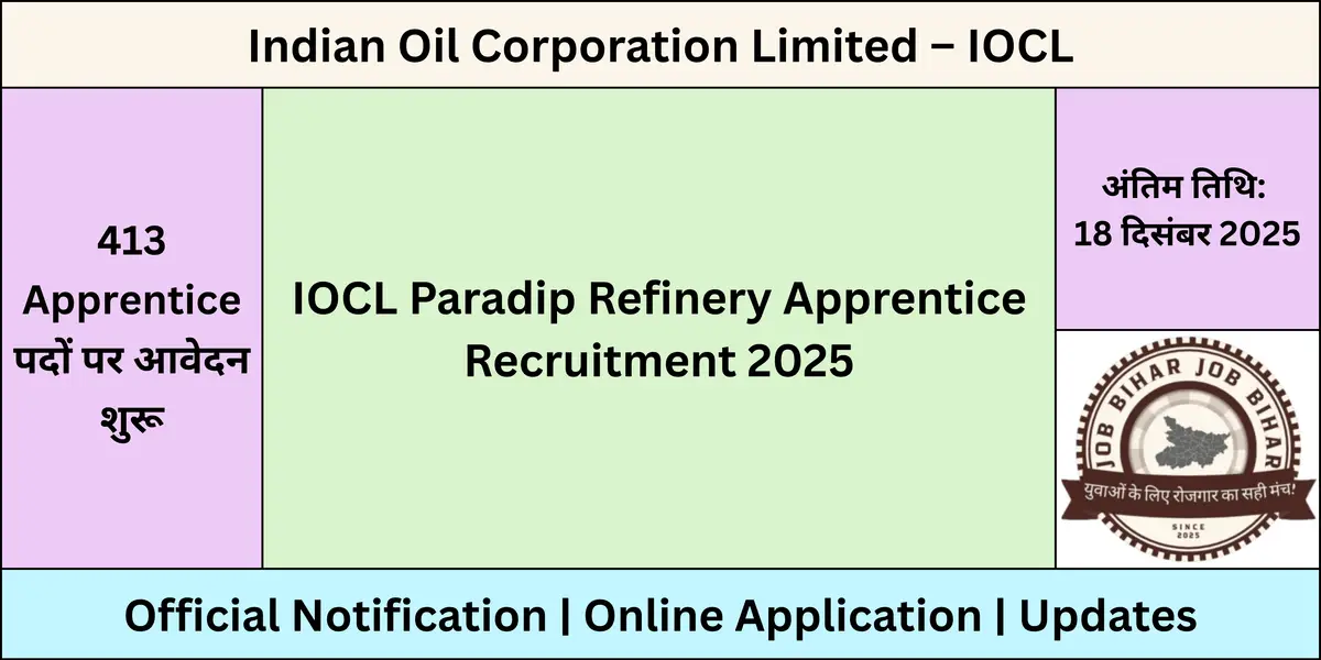 IOCL Paradip Refinery Apprentice Recruitment 2025 Featured Image – 413 Apprentice पदों पर आवेदन शुरू और अंतिम तिथि 18 दिसंबर 2025 की जानकारी