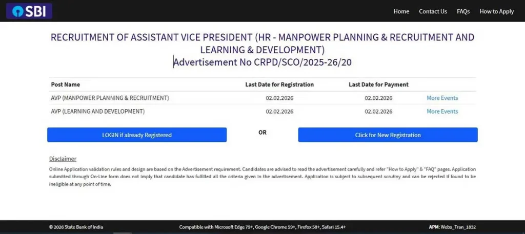 SBI SCO AVP Recruitment 2026 (Specialist Cadre Officer – Assistant Vice President level) online apply page screen shot